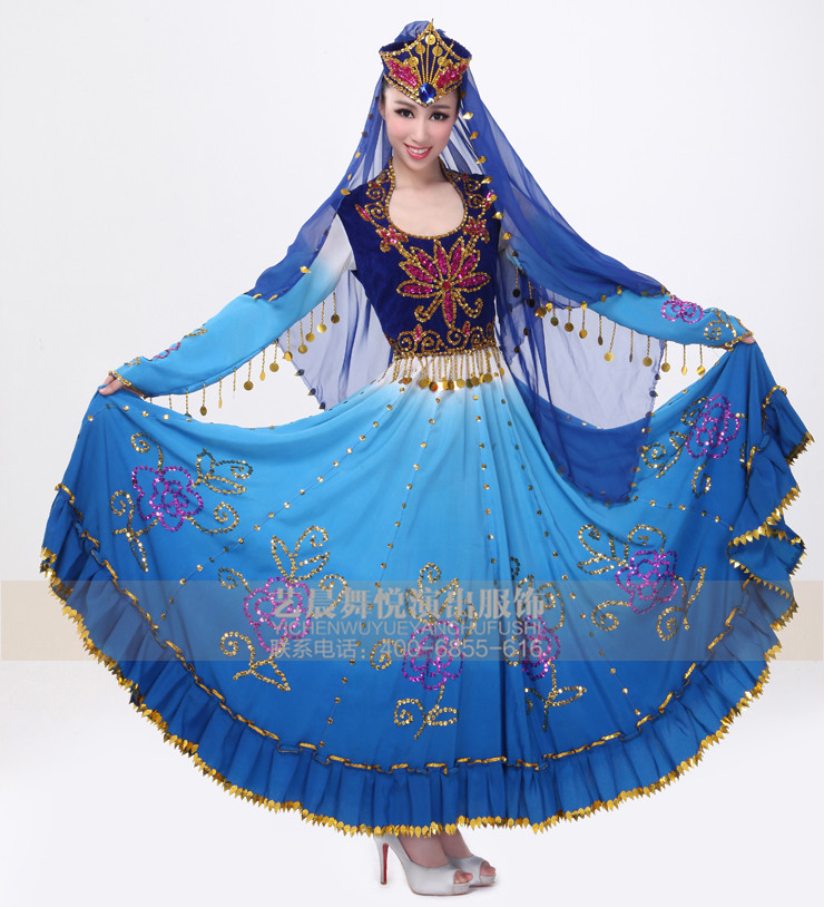 艺晨舞悦新疆舞蹈服蓝色民族舞服长裙定制新疆舞蹈服装2