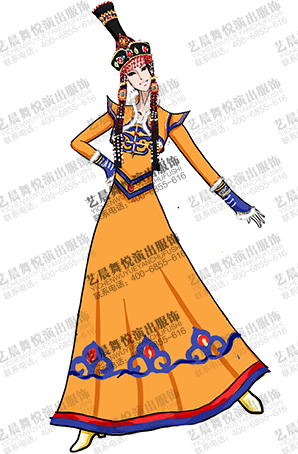 民族舞蹈服装黄色女蒙古演出服长裙定做厂家