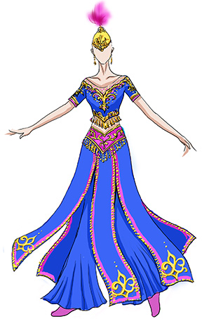 蓝色长裙新疆演出服装定做维族舞表演服装定做
