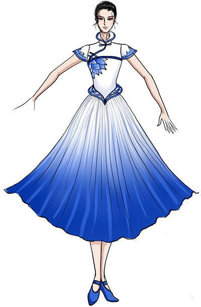 古典演出服装设计女蓝色长裙古典舞服装定制