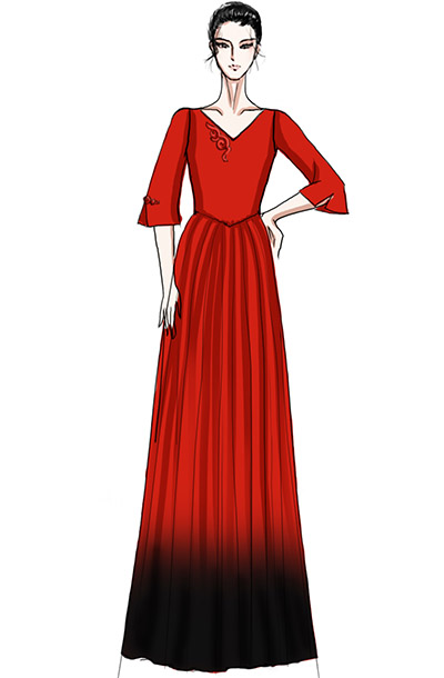 新款舞台演出礼服设计与定制款式红色垂直长裙舞台表演服装设计与定制款式！