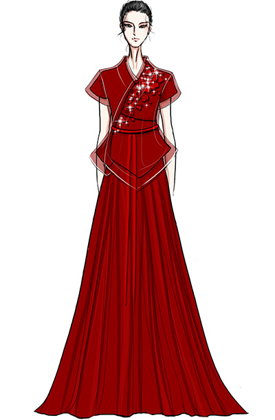 中式大红色舞台演出礼服设计与定制新款,主持人舞台表演礼服设计！