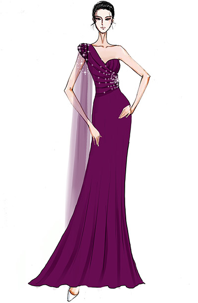 晚会演出礼服设计新款露肩紫色主持人礼服设计！