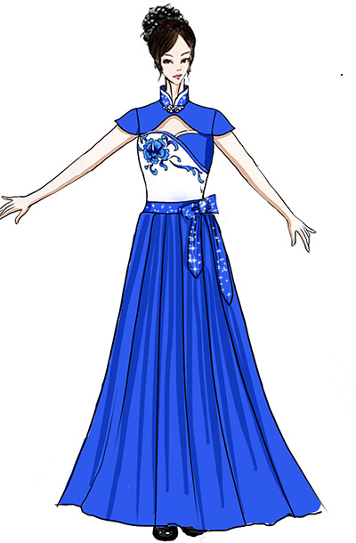 新款合唱演出礼服设计与定制,女款青花舞台合唱服设计！