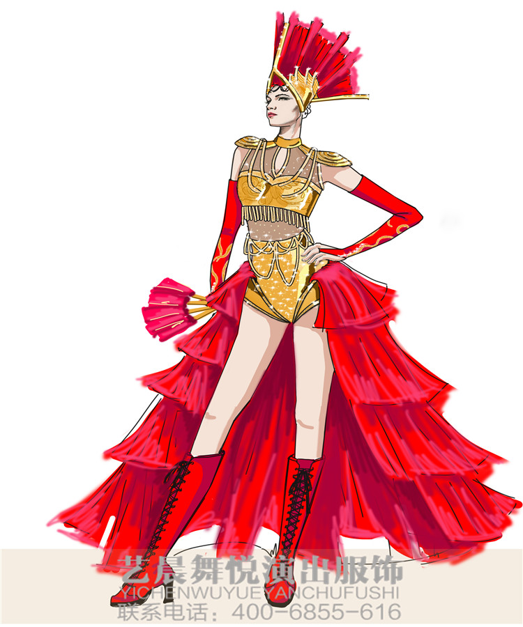巡游演出服装设计红色装扮裙威尼斯狂欢节演出服装设计！